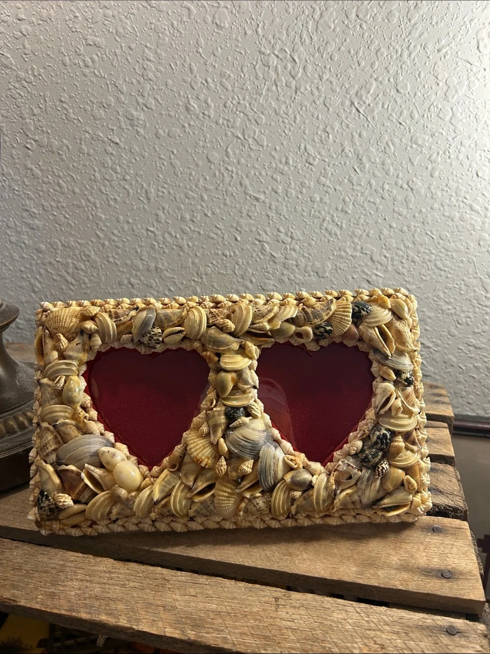 Seashell Double Heart Photo Frame - Natural Shells with Red Accent coastal